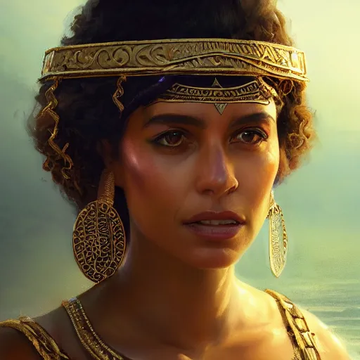 Prompt: closeup portrait of a young mia kunis as cleopatra, palace background, dramatic light, gorgeous view, depth, high detail, digital art, painted by greg rutkowski, trending on artstation