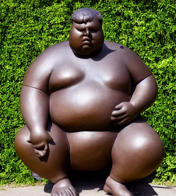 Prompt: a 4 k photorealistic photo medium shot of a bronze statue of a obese young man wearing headphones.