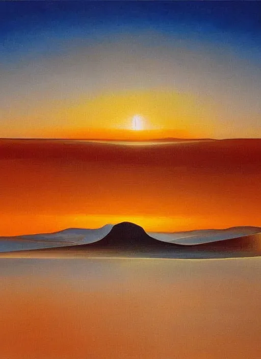 Image similar to high detailed oil painting of sunrise in desert painted by salvador dali