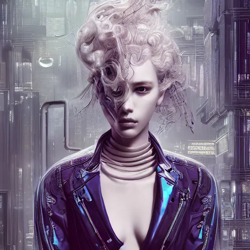 Prompt: the portrait of an absurdly beautiful, graceful, sophisticated, fashionable cyberpunk gravure idol, an ultrafine hyperdetailed illustration by kim jung gi, irakli nadar, matt wisniewski, intricate linework, iridescent wiring, porcelain skin, unreal engine 5 highly rendered, global illumination, radiant light, detailed and intricate environment