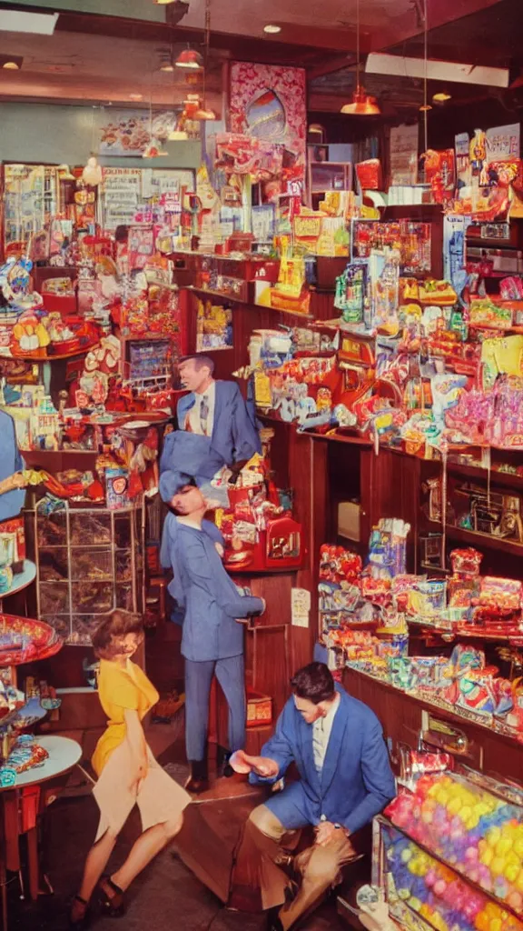 Image similar to closeup 6 0 s photo of a business man in a candy shop, kodachrome