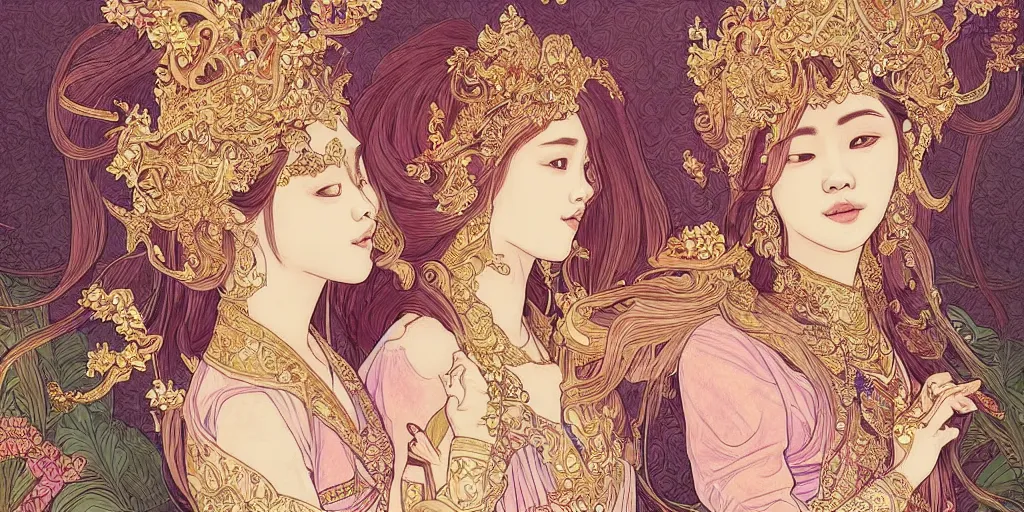 Prompt: beautiful and detailed digital illustration of a twin thai princesses by kittichai rueangchaichan, floralpunk, Artstation, art nouveau aesthetic, Alphonse Mucha background, intricate details,concept art, realistic, dramatic, detailed intricate ink illustration, heavenly atmosphere