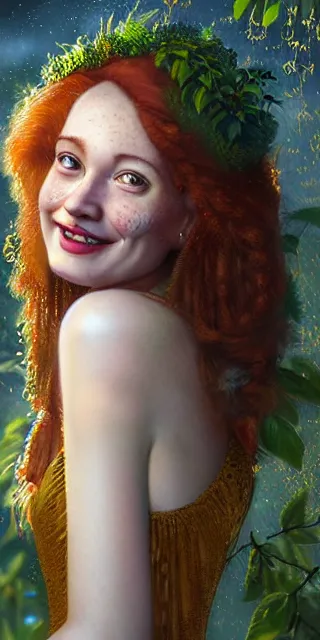 Image similar to lovely woman, serene smile surrounded by golden firefly lights, amidst nature fully covered by a intricate detailed dress, long red hair, precise linework, accurate green eyes, small nose with freckles, smooth oval shape face, empathic, expressive emotions, spiritual scene, hyper realistic ultrafine art by artemisia gentileschi, jessica rossier, boris vallejo