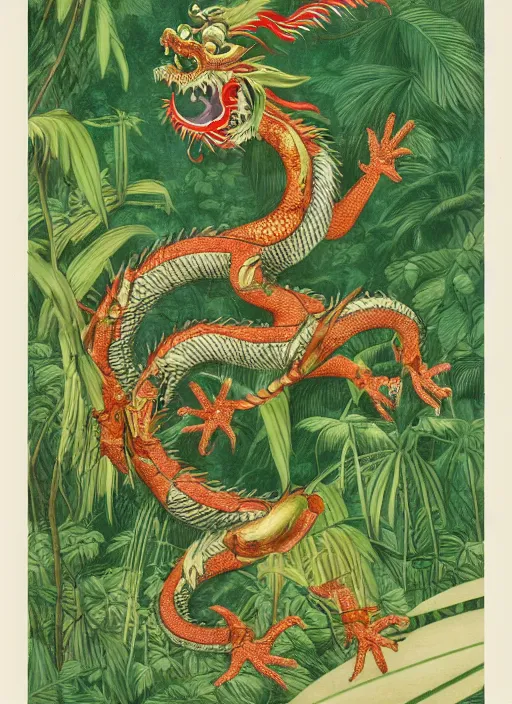 Image similar to vintage chinese dragon in a tropical forest, john james audubon, intaglio 8 k resolution