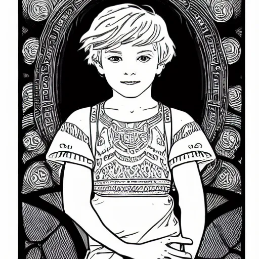 Image similar to clean simple line art of a little boy with short hair. no background. well composed, clean coloring book page, beautiful detailed face. coloring book line art by greg rutkowski and johanna basford and alphonse mucha