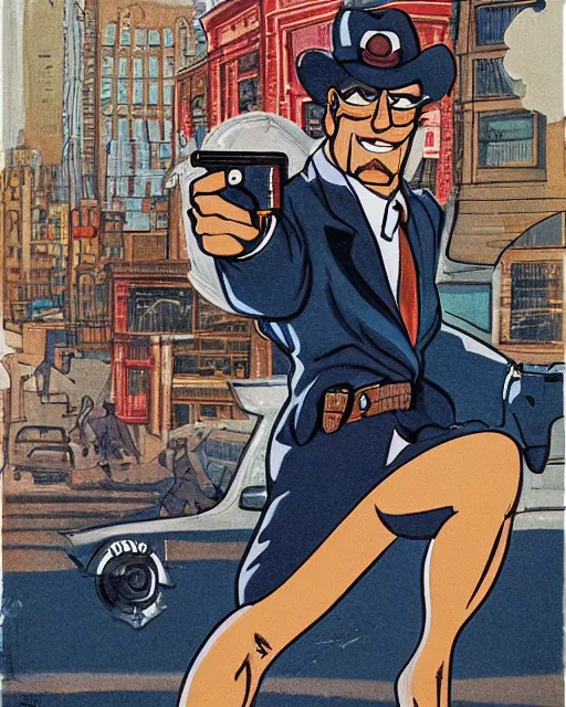 Image similar to detective pointing gun at camera, city street, artwork by ralph bakshi