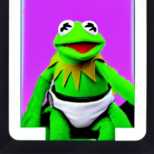 Prompt: Kermit the frog as Obi Wan, lightsaber lighting, polaroid photo, white frame, by Warhol,