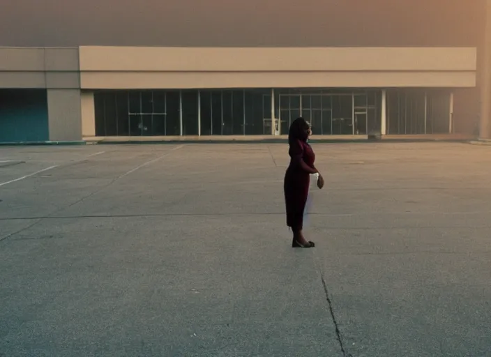 Image similar to cinematic screenshot wide shot of octavia spencer in a foggy abandoned sears parking lot, paranoia everywhere, screenshot from the tense thriller film ( 2 0 0 1 ) directed by spike jonze, volumetric hazy lighting, moody cinematography, 3 5 mm kodak color stock, 2 4 mm lens, ecktochrome