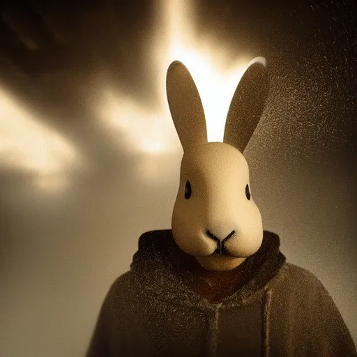 Image similar to “white bunny with black spots on face, staring at you in hell fog, raining fire, volumetric lighting, golden hour, sharp focus, ultra detailed”