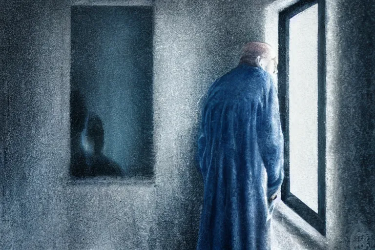 Image similar to a cinematic painting of an old male prisoner inside of jail cell looking out of a small frosted window, beautiful lighting, high depth, ultra realistic, artistic, by gregory crewdson, blue color theme