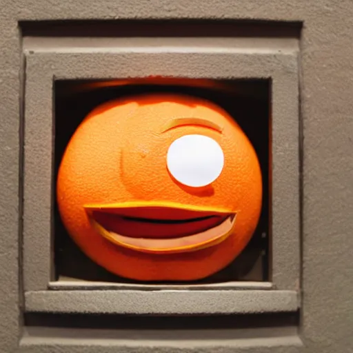 Image similar to a taxidermized annoying orange, in a museum, 8 5 mm lens, 7 0 mm entrance pupil diameter