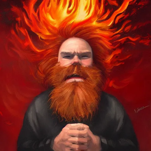 Image similar to grumpy red haired man with red beard, wearing black coat, fire behind him, oil painting, fantasy artwork, fantastic artwork, 4 k, trending on artstation