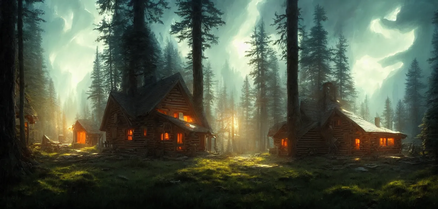 Prompt: concept art of an inside of a cabin in the woods, cinematic view, epic sky, detailed, concept art, low angle, high detail, warm lighting, volumetric, godrays, vivid, beautiful, trending on artstation, by jordan grimmer, huge scene, grass, art greg rutkowski