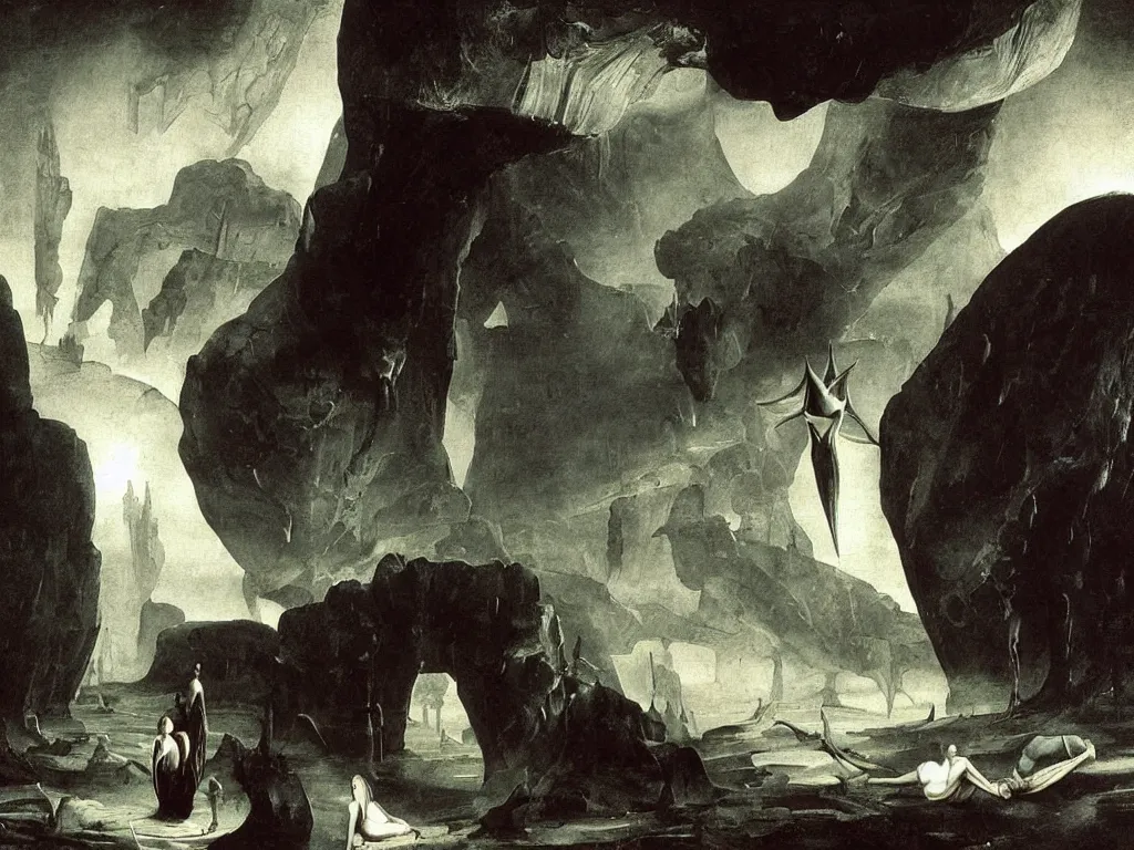 Prompt: Strange with giant hypnotizing moth wings at the entrance of a cavern on an alien planet. Thick gothic cathedral smoke. Surreal, melancholic. Painting by Caravaggio, Caspar David Friedrich, Yves Tanguy