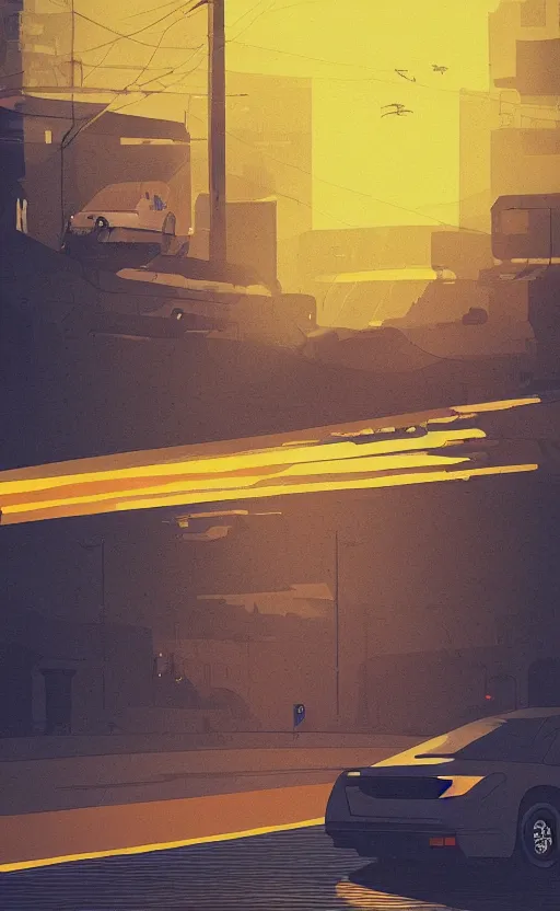 Image similar to a beautiful illustration of a car parket near a highway at sunset, silhouette of a man smoking a cigarette, art of alena aenami, featured on artstation, vertical orientation, paint brush strokes, expressionism, brushstroke - laden