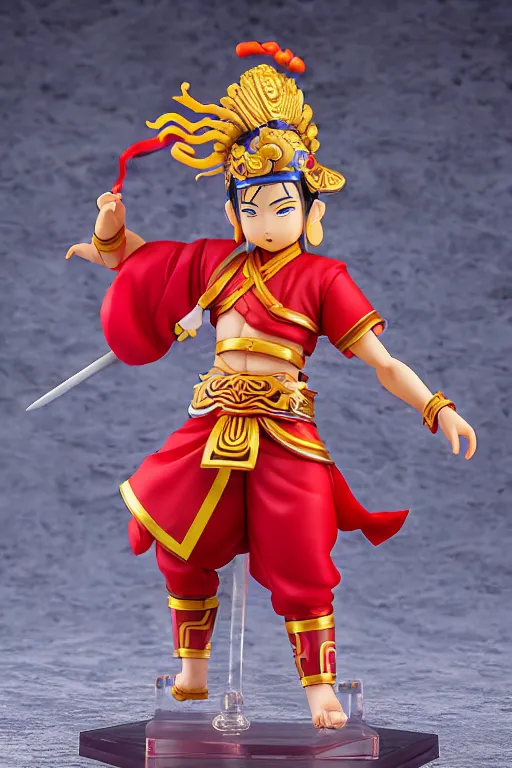 Image similar to arty chinese mythology ne zha nendoroid full body hyperdetalied, hero action pose, osamu tezuka, macoto takahashi, chibi, q posket, 8 k realistic, 3 d, cryengine, exquisite, red cloth around his shoulders, hold spear, ne zha ( 2 0 1 9 ), fenghua zhong,