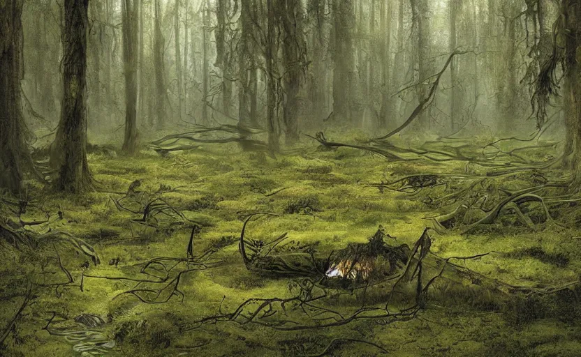Image similar to digital painting of ovni crash site on swamp wasteland, extraterrestrial body parts on the floor, forest, moss, elegant artwork by lee bermejo and greg rutkowski and alphonse mucha
