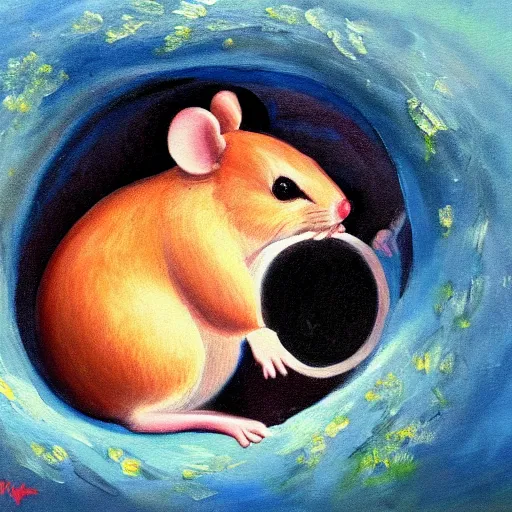 Prompt: a beautiful painting of little fat mouse watch tv, living in a hole