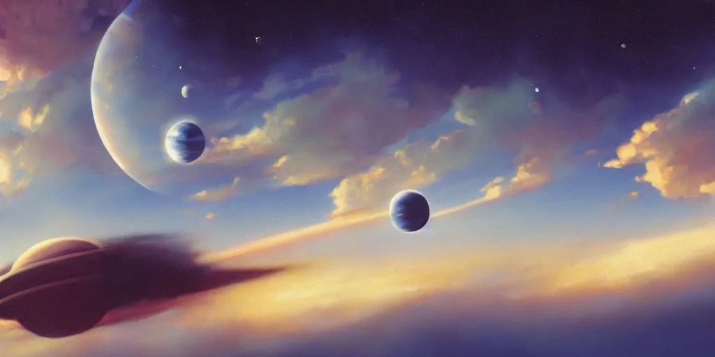 Image similar to blue dreamy cloudscape with a single planet in the clouds, daylight, cinematic lighting, cinematic perspective, syd mead, john harris, federico pelat,