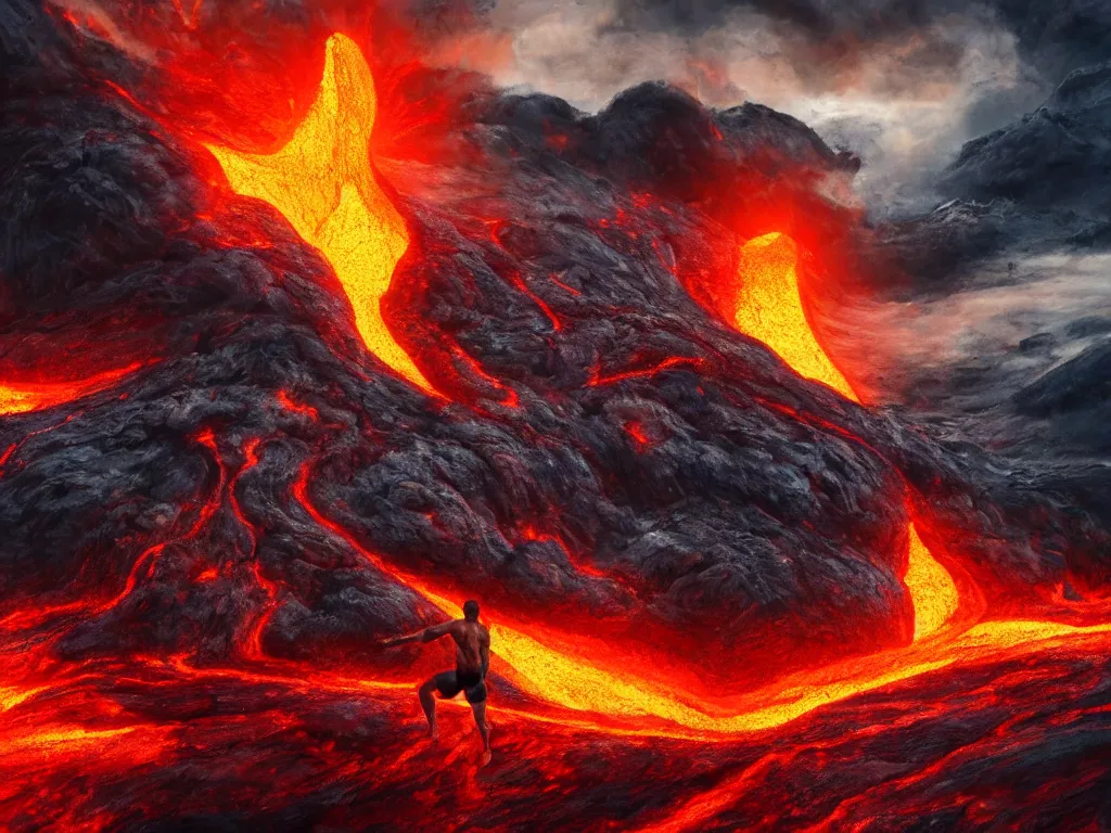 Image similar to muscular arnold schwarzenegger surfing on lava from an erupting volcano, stunning scene, 8 k, extremely detailed digital painting, depth, bright colors, trending on artstation