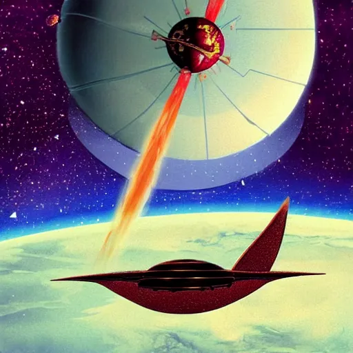 Prompt: ottoman sultanate spaceship, flying in space with stars glittering in the background, pulp science fiction illustration