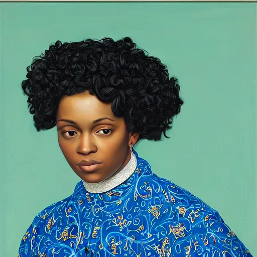 Prompt: three quarter close up portrait painting of a young caucasian woman with curly hair, blue background, by kehinde wiley