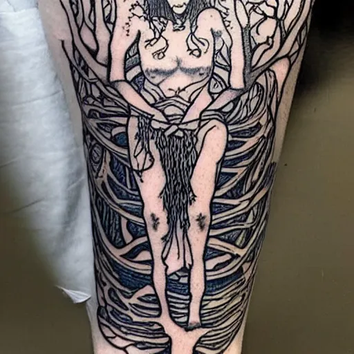 Prompt: a highly detailed tarot card tattoo outline of druid woman shaped like the tree of life with arms as branches and fingers for leaves, by hokusai and jeong seon, symbolist, visionary, art nouveau, organic fractal structures, surreality, detailed, realistic, ultrasharp