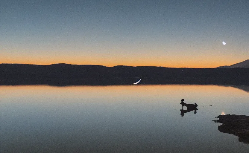 Image similar to a banana shaped crescent moon rising over a lake, stunning photography