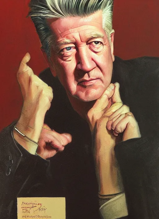 Image similar to portrait of David Lynch, highly detailed, centered, solid color background, digital painting, artstation, concept art, smooth, sharp focus, vintage grainy 1970s illustration, Basil Gogos, donato giancola, Joseph Christian Leyendecker, Les Edwards, Ed Repka, Wayne Barlowe,