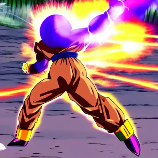 Prompt: screenshot of a dragon ball villain charging energy in a city
