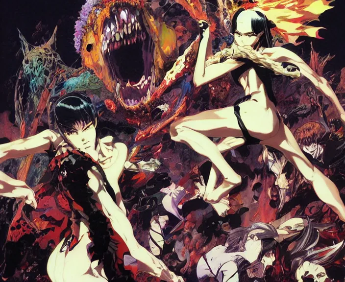 Prompt: psychedelic monsters ripping apart highschool students, by shigenori soejima, by frank frazetta, digital painting masterpiece, beautiful brush strokes, advanced lighting technology, symmetrical!!!