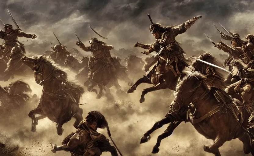 Image similar to dramatic cinematic artwork from above an army of warriors charging toward the enemy with the commander at the front with his sword raised by greg rutowski