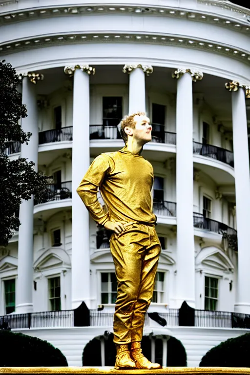 Prompt: A beautiful gold statue of Mark Zuckerberg in front of the White House, photo by Steve McCurry, heroic pose, detailed, smooth, smiling, professional photographer