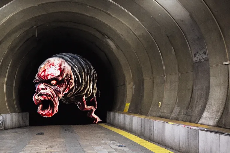 Image similar to very large giant mutant zombie irradiated ( angry rat ) staying on railways in tonnel of moscow subway. subway. giant angry rat, very realistic. extreme long shot, low dark light, anish kapoor, herman nitsch, giger.