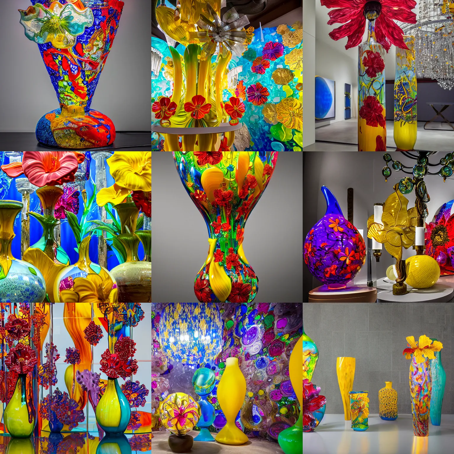 Prompt: abstract large scale mixed media sculpture made of intricate murano glass vases, ceramics featuring colorful hibiscus, daffodils, glass chandelier by jennifer mccurdy, museum piece, top lit, 4 k, trending in behance, wide angle shot, bokeh