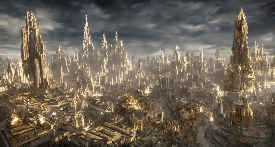 Image similar to majestic futuristic elf city made of white stone and decorated with gold, epic scale buildings, dramatic light clouds, cinematic sky, sunrise, 8 k, unreal engine 5