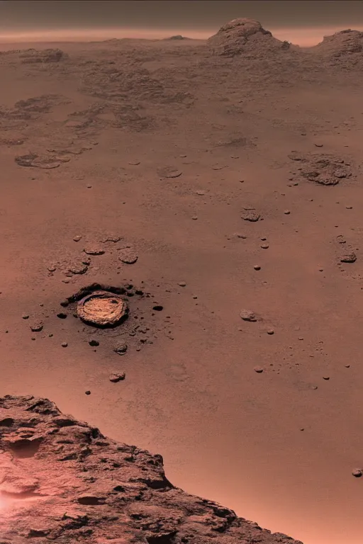 Image similar to beautiful cinematic scene of small research lab brutalist design in a crater in the middle of the desert of Mars planet, red ambient, concept art by yoshitaka amano and H.R. Giger, intricate detail, 8k, featured art