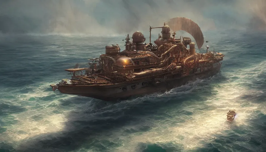 Image similar to A highly detailed matte painting of huge steampunk boat in the ocean, by Studio Ghibli, Makoto Shinkai, by Artgerm, by WLOP, by Greg Rutkowski, volumetric lighting, octane render, 4K resolution, trending on artstation, masterpiece