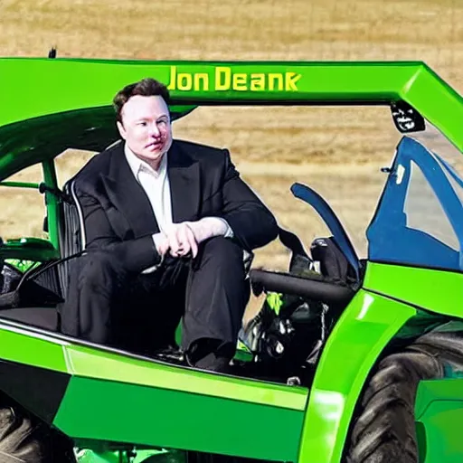 Image similar to award winning photograph, elon musk driving a john deere