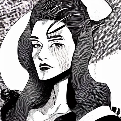 Prompt: clean simple line art of a woman. white background. well composed, clean black and white line drawing, beautiful detailed face. illustration by josan gonzalez and steve ditko and greg rutkowski
