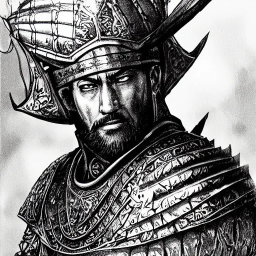 Prompt: a close up portrait of an old Sultan Saladin, art station, highly detailed, concept art, sharp focus, illustration in pen and ink, wide angle, by Kentaro Miura