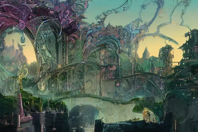 Image similar to Surreal, bridge between the worlds, fairy magnificent, elegant, art nouveau, white sweeping arches, surreal hybrid animals of neon colors in the sky, dramatic lighting, by Studio Ghibli, Brom,