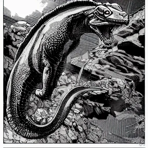 Image similar to precisely drawn illustration of a giant purple komodo dragon, wide angle, sharp, fine details, French comic style, cyberpunk, intense line art, 8k, precise linework, realistic, Richard Corben and Moebius