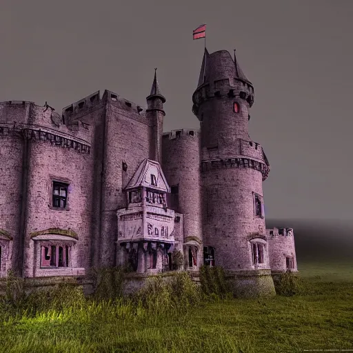 Prompt: abandoned castle, ultra realistic, 8 k, purple fog, dark, ultra detailed, highly detailed, fantastically detailed, professional photography, night time, cinematic