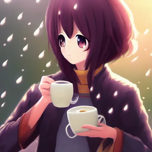 Image similar to portrait of a girl drinking cappucino during rain, anime fantasy illustration by tomoyuki yamasaki, kyoto studio, madhouse, ufotable, trending on artstation