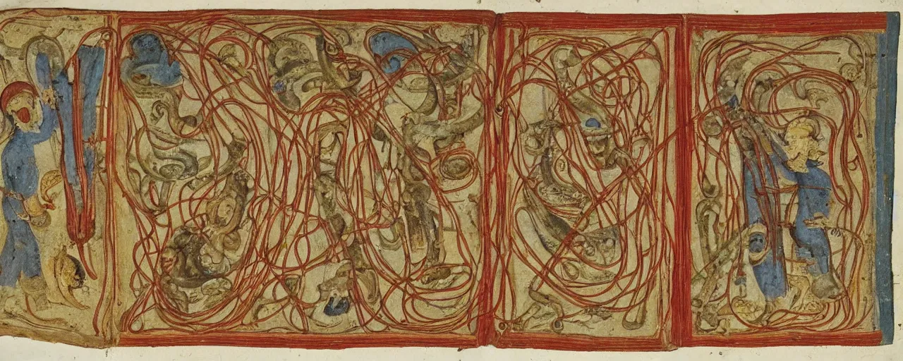 Prompt: ancient manuscripts detailing spaghetti, in the style of grolier codex, fine detail, kodachrome