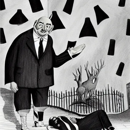 Image similar to the death of captain kangaroo, by charles addams,