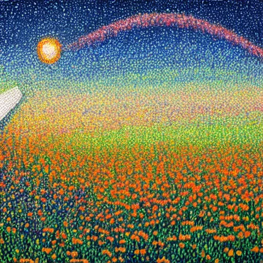 Image similar to spacex starship rocket landing in a field of flowers at sunset, pointillism painting