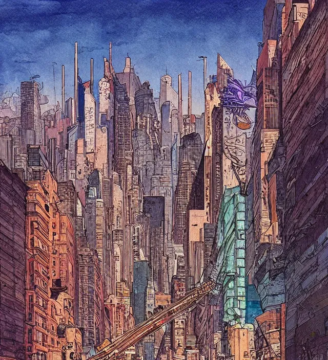 Image similar to a watercolor ink painting of a post - apocalyptic new - york in the style of jean giraud in the style of moebius trending on artstation deviantart pinterest detailed realistic hd 8 k high resolution