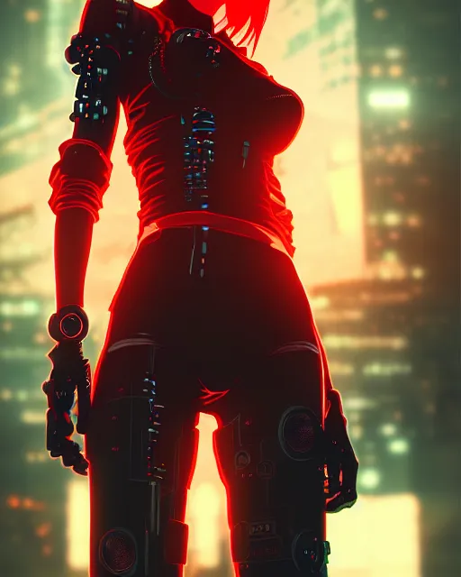 Image similar to a detailed potrait of a cyberpunk cyborg girl with black and red parts, perfect face, realistic shaded perfect face, detailed. night setting. very anime style. realistic shaded lighting poster by ilya kuvshinov katsuhiro, unreal engine, global illumination, radiant light, detailed and intricate environment